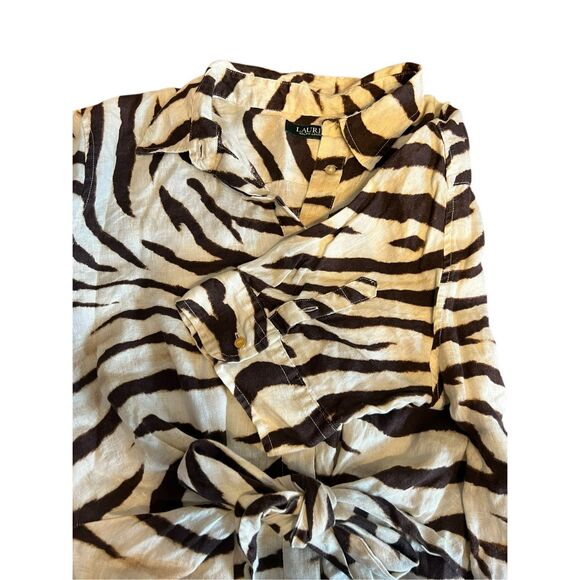Ralph Lauren Shirt Dress 14 100% Linen Zebra Safari Print Waist Tie 3/4 Sleeve - Picture 8 of 11